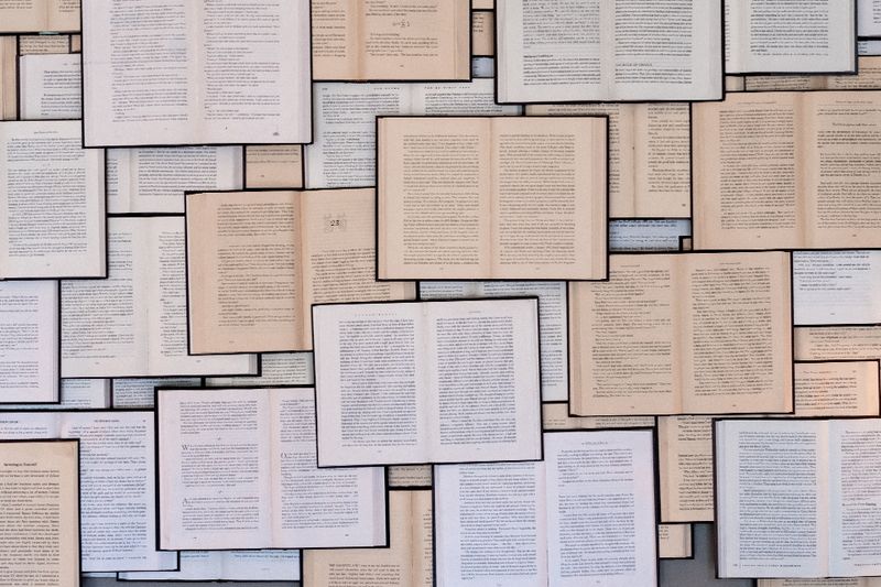 Layered pages of printed text